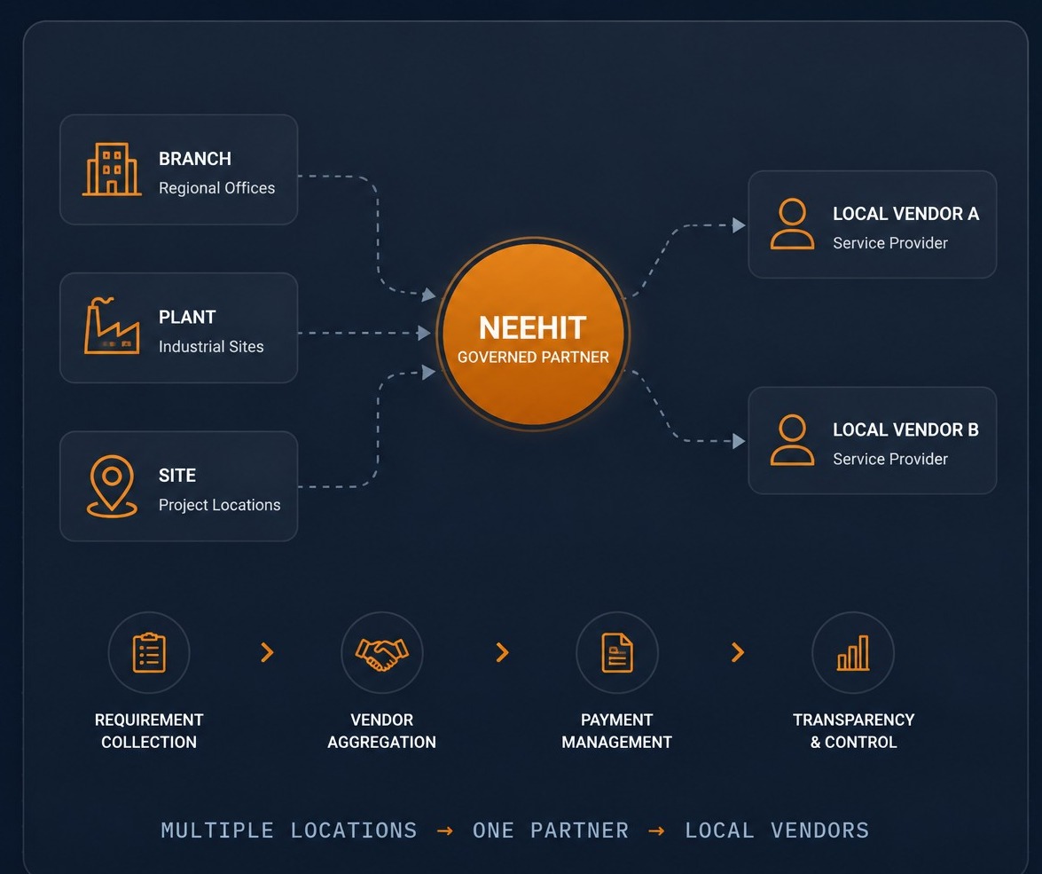 Multiple locations to one partner to local vendors: Neehit as the governed partner